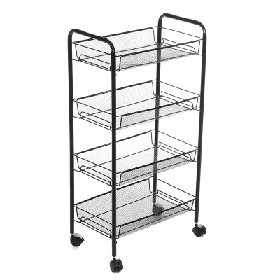 4  layer Black Kitchen Storage Rack Round Tube Rack Trolley Shelf With Wheels